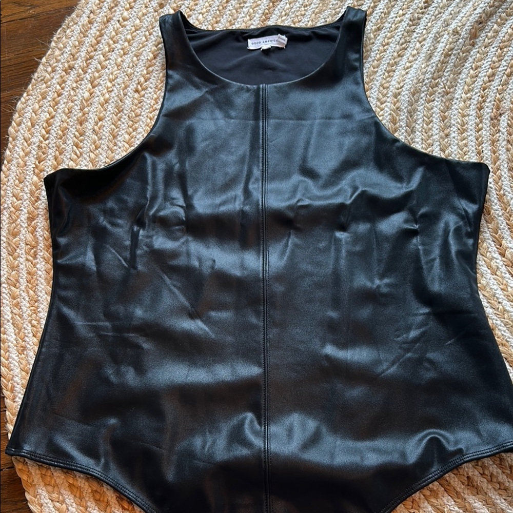 Good American Black Faux Leather Bodysuit
